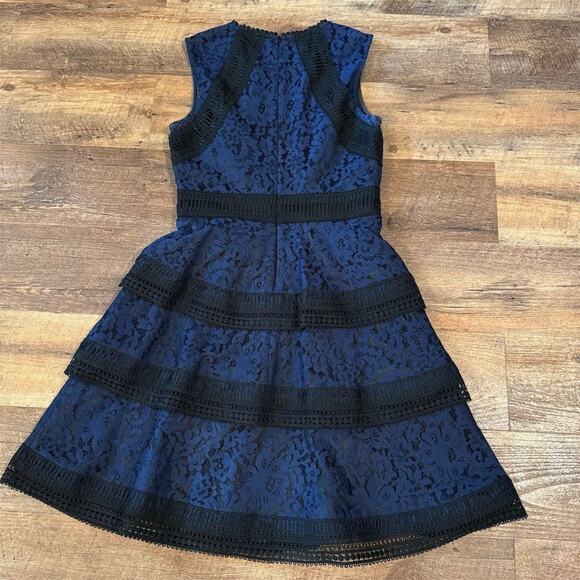 Eliza J Navy Blue Black Lace Dress 2 Tiered Wedding Cocktail Rehearsal Dinner - Picture 2 of 8